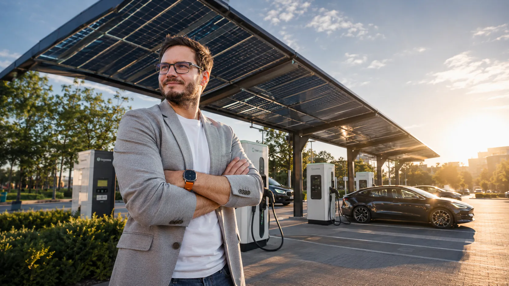 Christopher Wilmes an einem Ladepark mit Photovoltaiküberdachung
