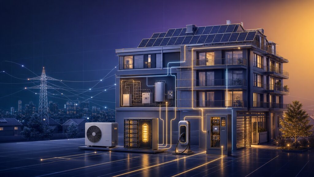 Technische Visualisierung eines modernisierten Bestandsgebäudes mit Photovoltaik, Wärmepumpe, Speicher, Ladepunkt, Zählertechnik und Netzschnittstelle