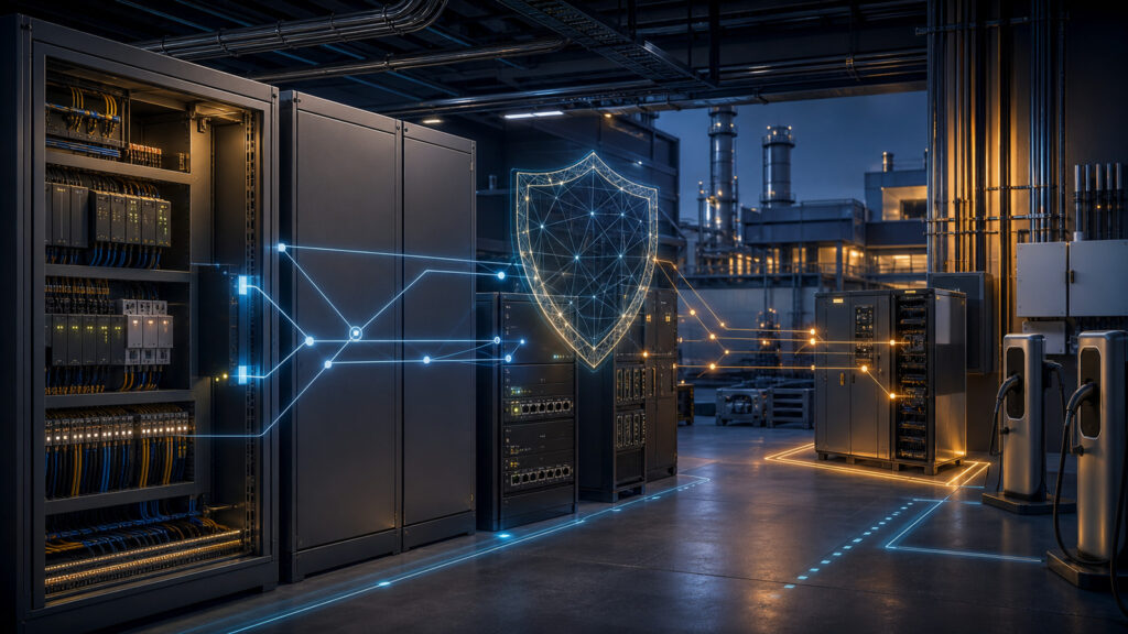 Technische Visualisierung von OT-Sicherheit mit Schaltschränken, Netzwerksegmentierung, Gateways und Betriebsresilienz