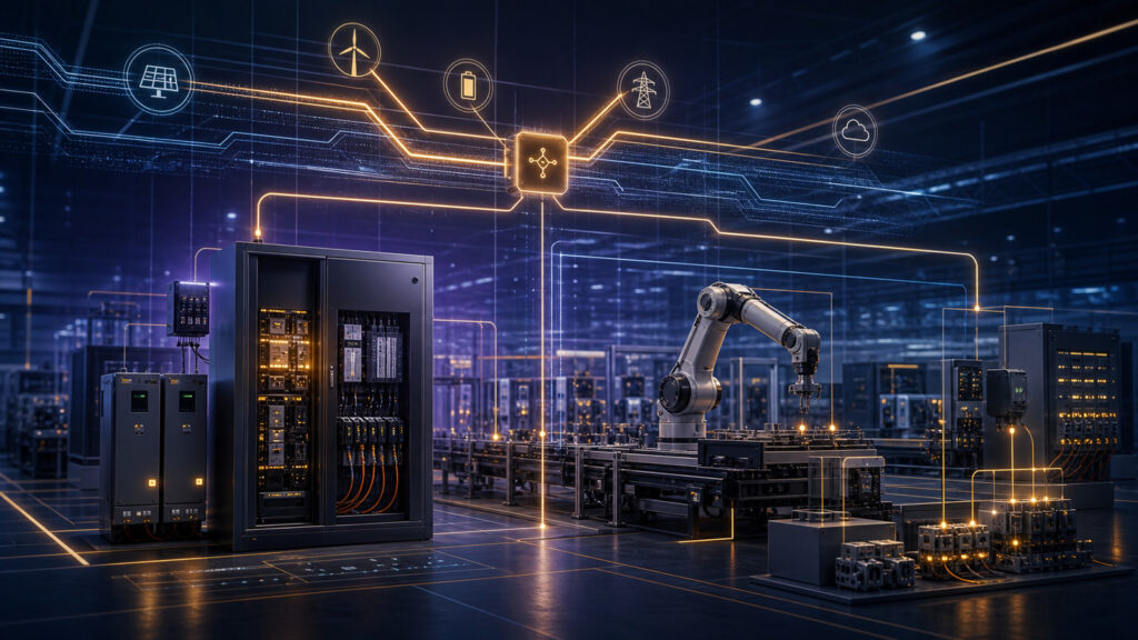 Technische Visualisierung industrieller Automation mit Steuerung, Robotik, Energiedaten und Vernetzung
