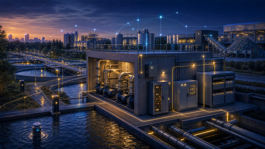Technische Visualisierung einer resilienten Wasser- und Umwelttechnik-Infrastruktur mit Pumpwerk, Kläranlage, Steuerung, Sensorik, Energieversorgung und Recyclinganlage