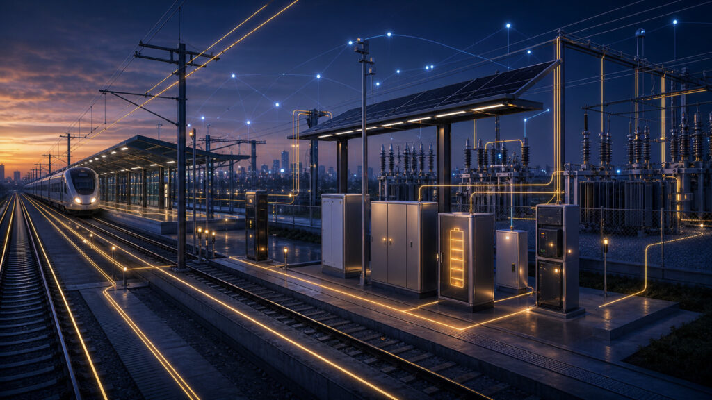 Technische Visualisierung einer Bahninfrastruktur mit Fahrstrom, Unterwerk, Oberleitung, Stationsenergie, PV-Dach und digitalen Betriebsdaten
