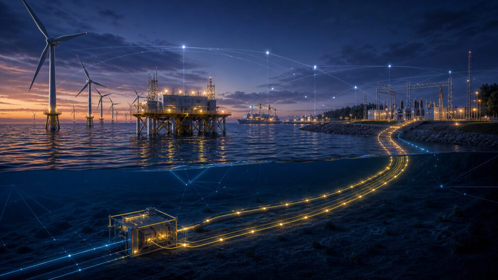 Technische Visualisierung von Offshore-Wind mit Umspannplattform, Seekabeln, Landanschluss, Netzarchitektur und Betriebsdaten