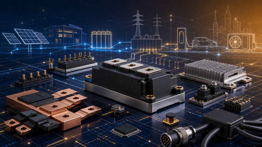 Technische Visualisierung von Leistungselektronik, Halbleitermodulen, Sensorik, Steckverbindern und Energie-Systemintegration