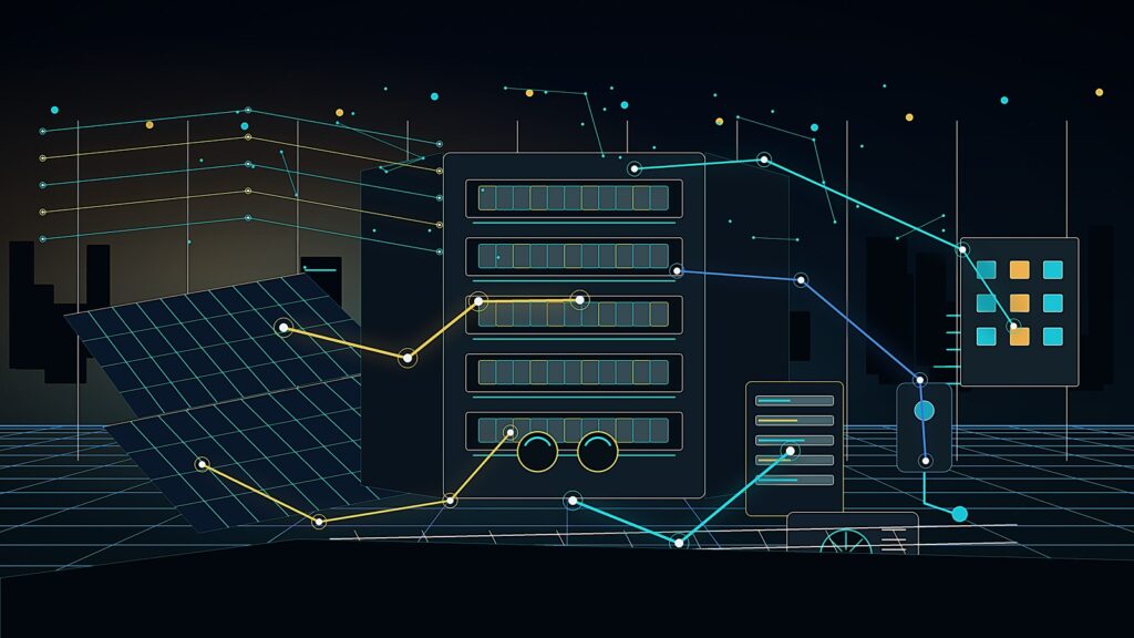 Technische Visualisierung elektrischer Systemintegration mit Verteilung, PV, Speicher, Wallbox, Waermepumpe, Smart Meter und Energiedaten