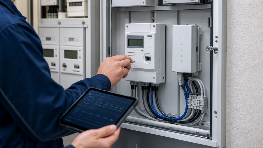 KI-generiertes Detailmotiv zum Fachbeitrag „Smart Meter als politische Infrastruktur: Der Rollout entscheidet über dynamische Tarife, Steuerbarkeit und Vertrauen“.