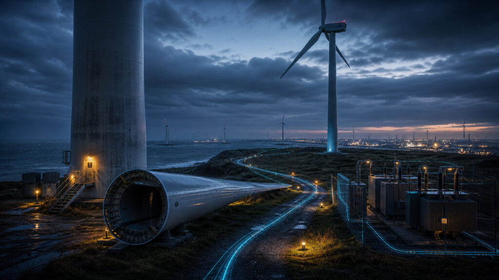 Repowering-Windstandort mit Rotorsegment, neuer Windenergieanlage, Umspanntechnik, Kuestenstandort und Energiefluessen