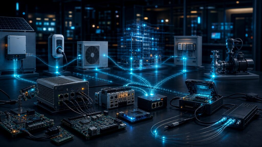 Embedded-Edge-Infrastruktur mit Gateways, Sensorik, PV, Ladepunkt, Waermepumpe, Datenfluessen und vernetzten Betriebsgeraeten