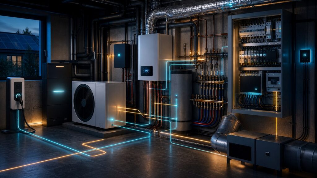 Vernetzte Waermepumpe, Zaehlerschrank und Gebaeudetechnik als Symbol fuer SHK und Elektrotechnik in der Waermewende.