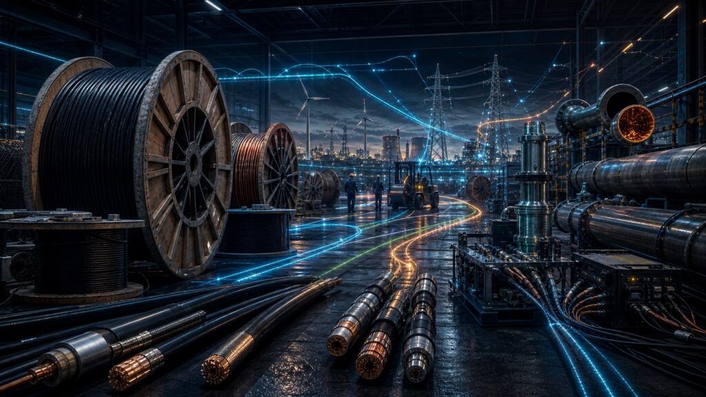 Kabeltrommeln, Rohrsysteme und Energietrassen in einer industriellen Infrastrukturkulisse.