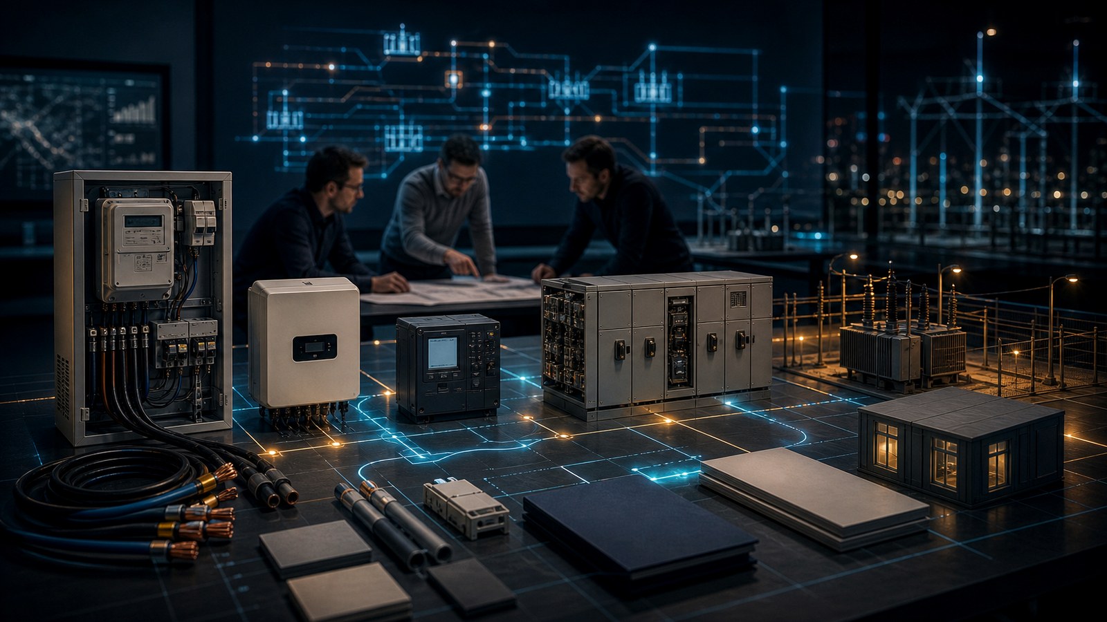 Technische Netzanschlussplanung mit Zaehlerschrank, Schutztechnik, Wechselrichter und Netzebenenmodell.