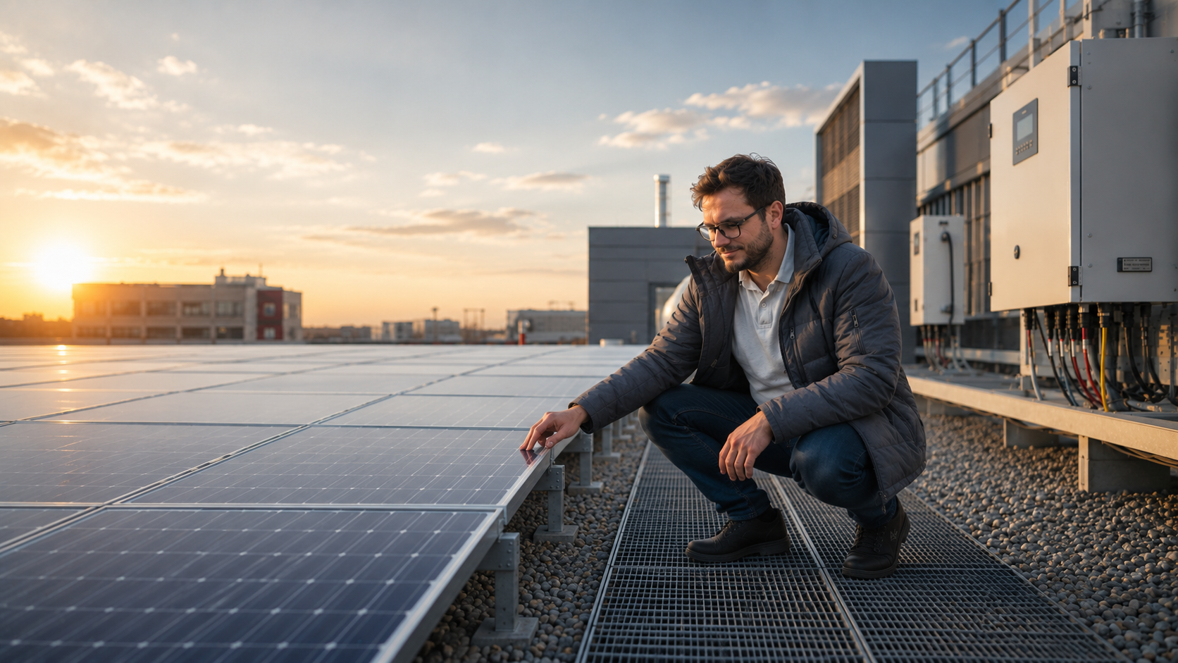 Christopher Wilmes bei der technischen Prüfung einer Photovoltaik-Dachanlage