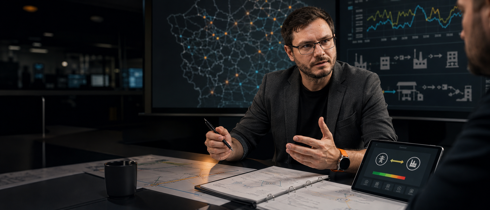 Christopher Wilmes im Beratungsgespraech zu Netzbetrieb, Energieinfrastruktur und Planung