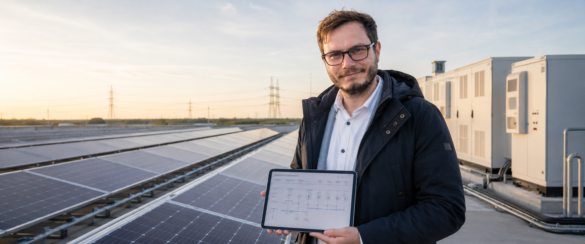 Christopher Wilmes auf einer Dach-Photovoltaikanlage mit Planungsunterlagen auf einem Tablet