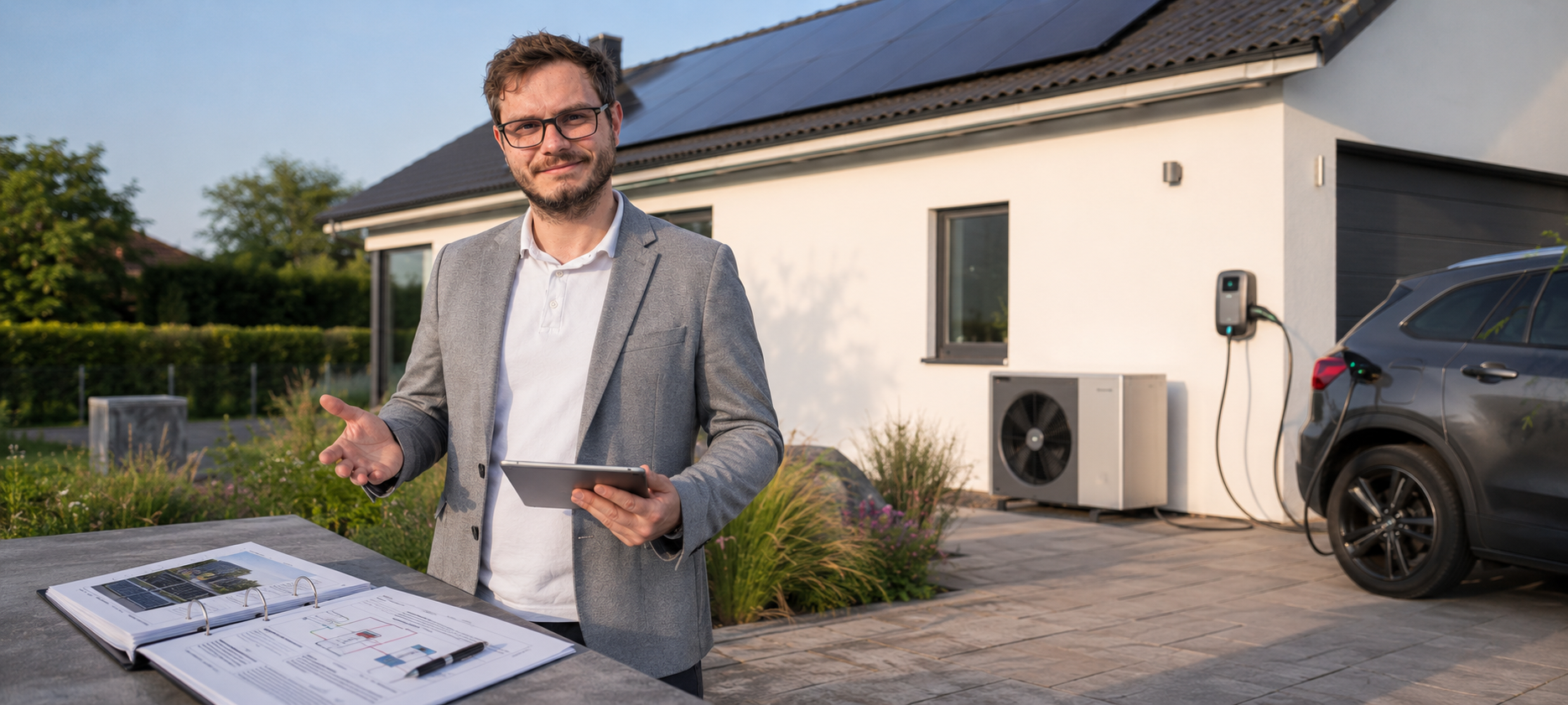 Christopher Wilmes bei der Energieplanung fuer ein Einfamilienhaus mit PV-Anlage, Waermepumpe und Wallbox