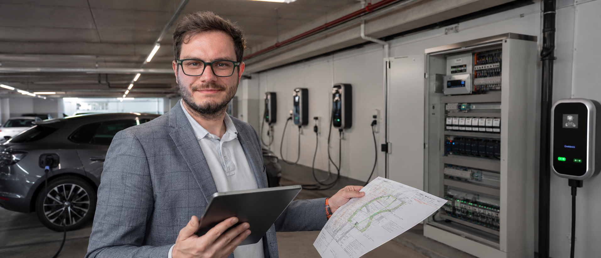 Christopher Wilmes in einer Tiefgarage mit Ladepunkten, Verteilung und Planunterlagen zum Lastmanagement