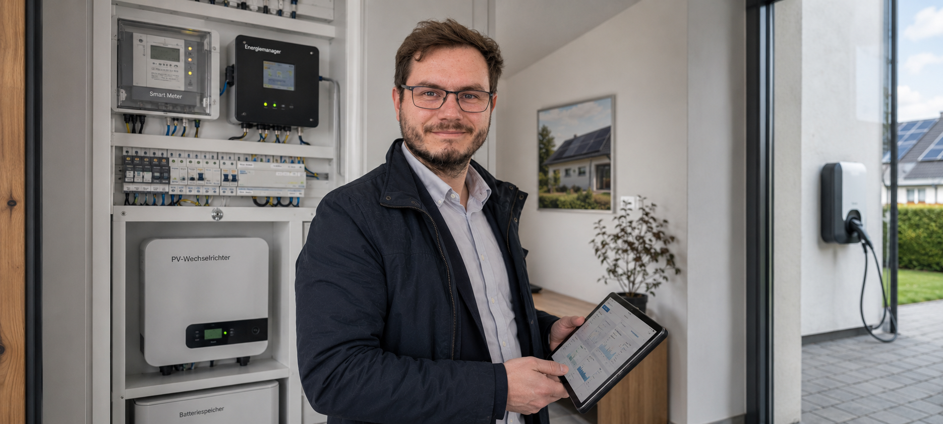 Christopher Wilmes neben Smart Meter, Energiemanager, PV-Wechselrichter, Batteriespeicher und Wallbox