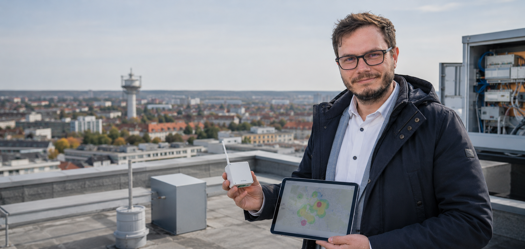 Christopher Wilmes mit LoRaWAN-Gateway und Abdeckungskarte auf einem Dach ueber der Stadt