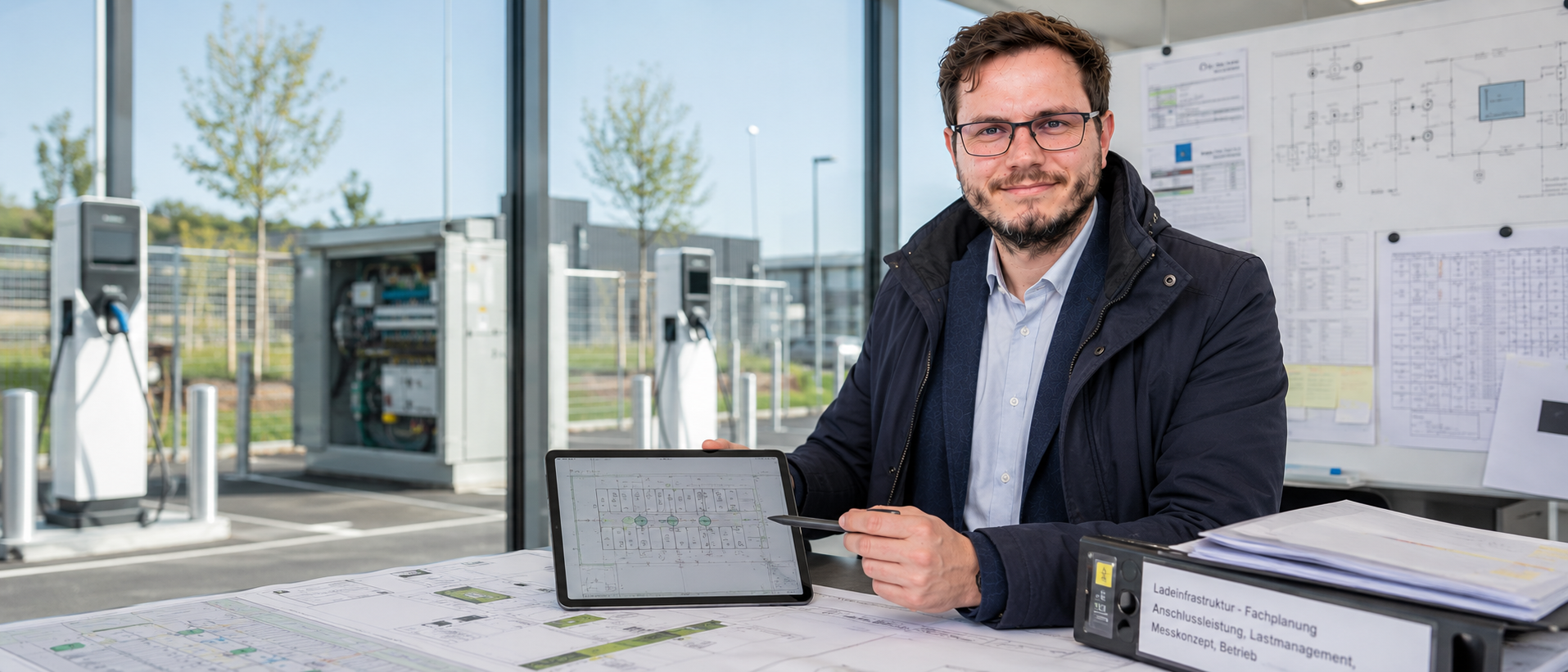 Christopher Wilmes bei der Fachplanung von Ladeinfrastruktur mit Planunterlagen, Tablet und Ladepunkten im Hintergrund