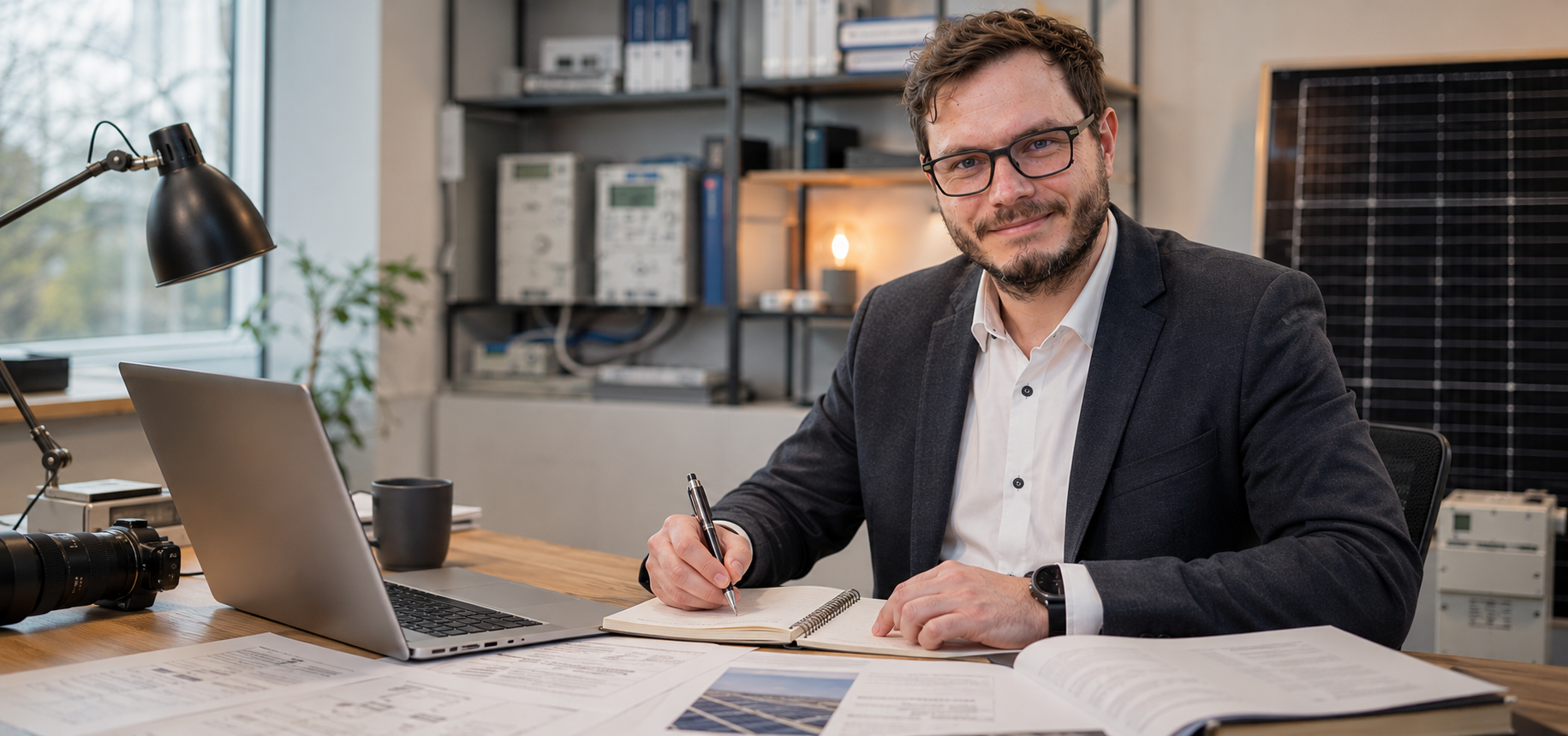 Christopher Wilmes im Ingenieurbuero mit technischen Unterlagen, Laptop und Photovoltaik-Modul