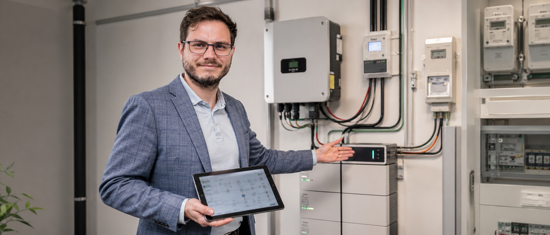 Christopher Wilmes vor Wechselrichter, Speicher und elektrotechnischer Installation im Technikraum