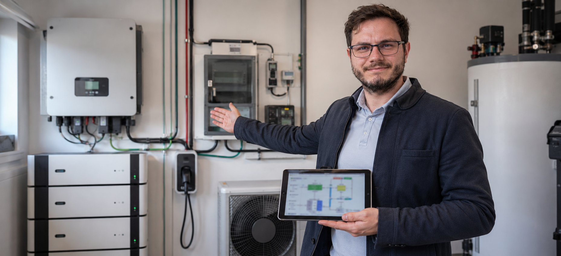 Christopher Wilmes vor PV-, Speicher-, Waermepumpen- und Wallboxtechnik im Technikraum