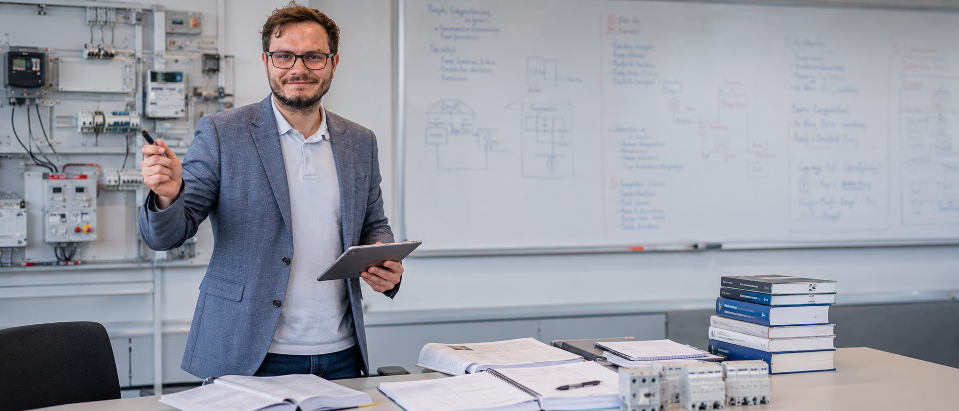Christopher Wilmes in einer Elektrotechnik-Schulung mit Whiteboard und Schulungsunterlagen