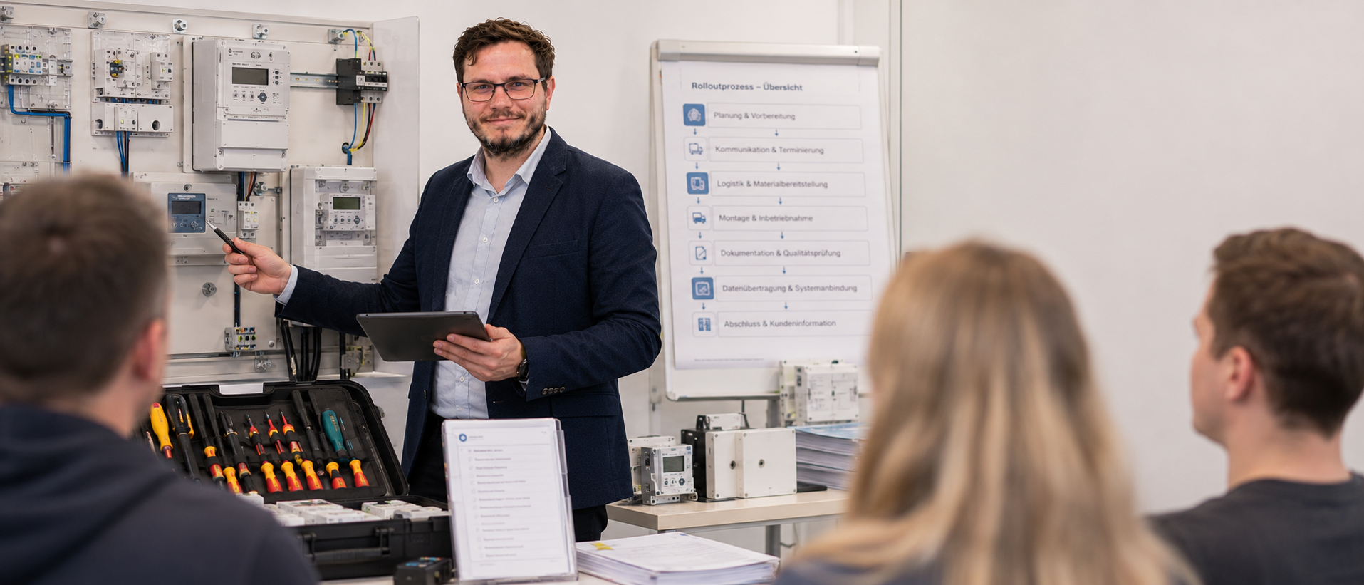 Christopher Wilmes in einer praktischen Schulung am Zaehlerplatz mit Installationsmaterial und Teilnehmenden