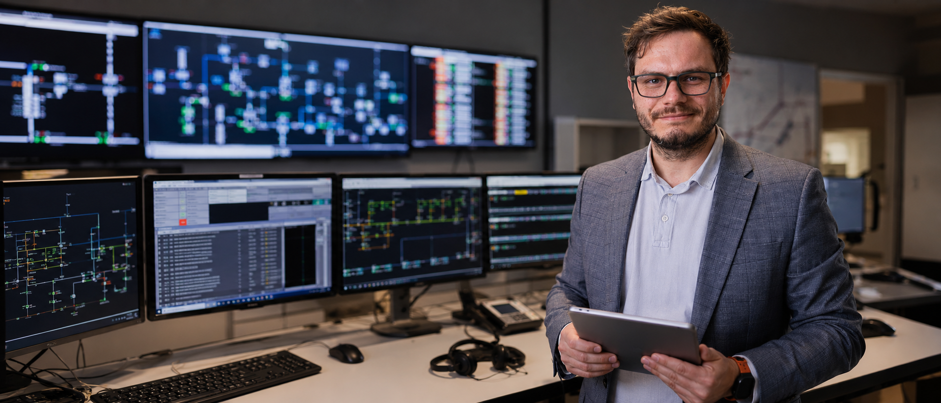 Christopher Wilmes in einer Netzleitstelle mit SCADA- und Netzmonitoring-Anzeigen
