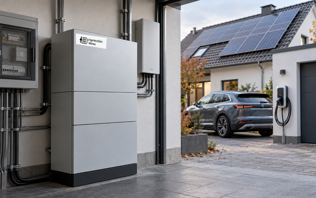 KI-generierte Illustration eines generischen Wohnhauses mit PV-Dach. In der Garage stehen ein geschlossener stationärer Batteriespeicher und ein Technik- beziehungsweise Verteilerbereich. Rechts steht ein Elektrofahrzeug vor einer Wallbox; das Ladekabel ist aufgewickelt und nicht angeschlossen. Die Szene dokumentiert weder eine reale Wilmes-Anlage noch aktive Ladung, V2G, ein konkretes Messkonzept, eine Betriebsfreigabe oder Förderberechtigung.