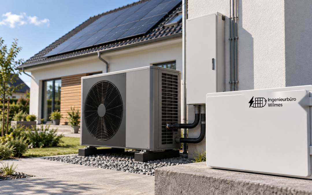 KI-generierte Illustration eines modernen Gebäudes mit PV-Dach, außenstehender Luft-Wasser-Wärmepumpe, geschlossenem Technikgehäuse und weißer Servicebox mit Wilmes-Logo. Keine reale Anlage, Messaufnahme oder dokumentierte Funktionsprüfung.