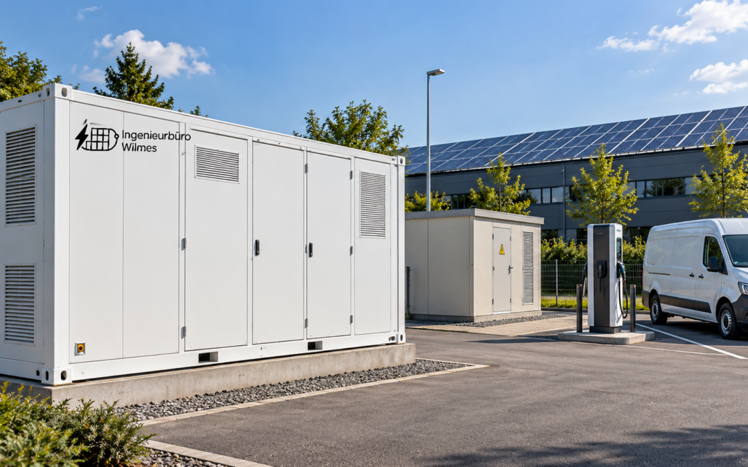 KI-Illustration eines gewerblichen Energiestandorts: links ein weißer Batteriespeichercontainer mit Wilmes-Logo, dahinter ein Gebäude mit Photovoltaikdach; rechts stehen eine geschlossene Technikstation, eine Ladesäule und ein weißer Lieferwagen.