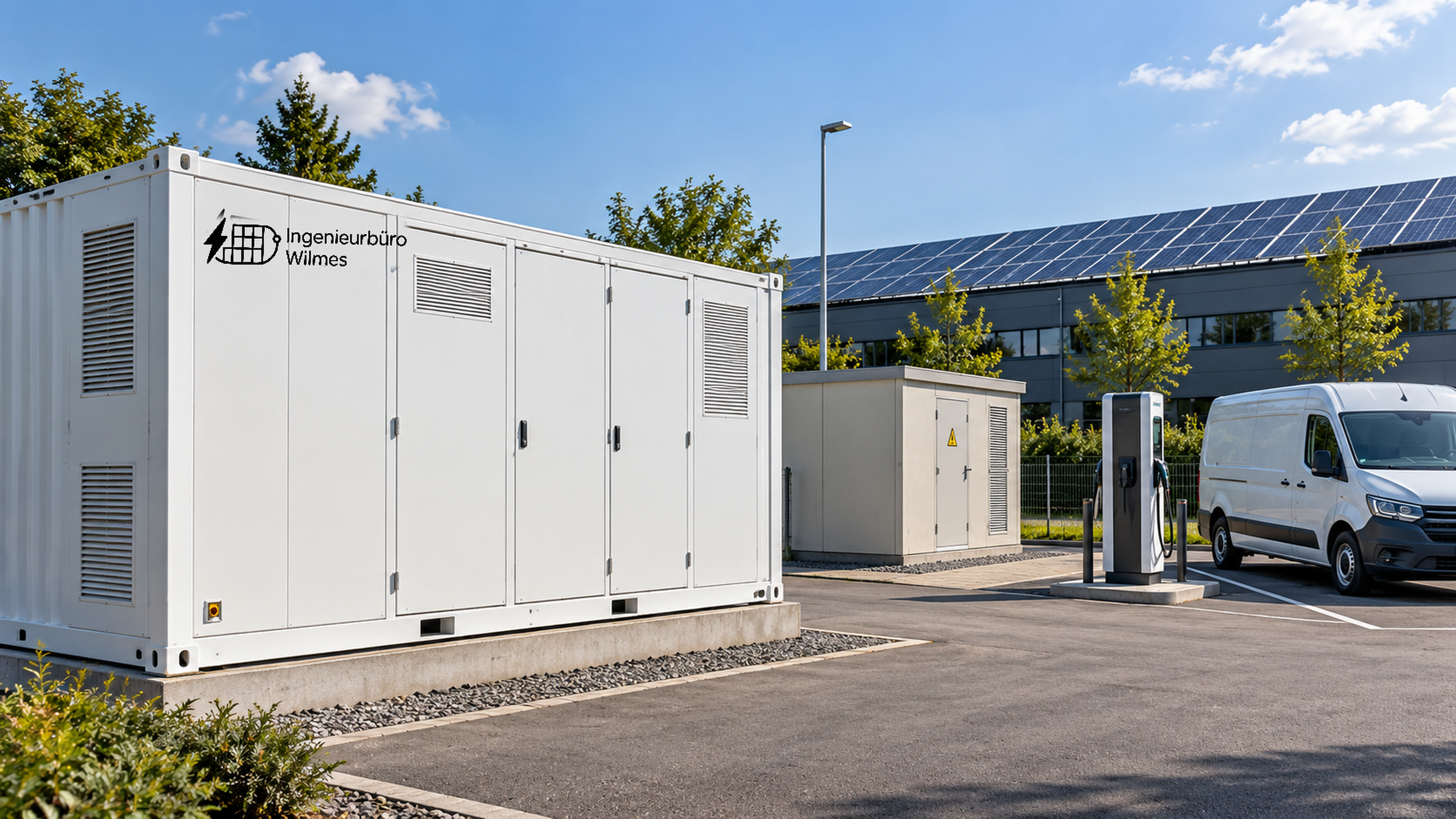 KI-Illustration eines gewerblichen Energiestandorts: links ein weißer Batteriespeichercontainer mit Wilmes-Logo, dahinter ein Gebäude mit Photovoltaikdach; rechts stehen eine geschlossene Technikstation, eine Ladesäule und ein weißer Lieferwagen.