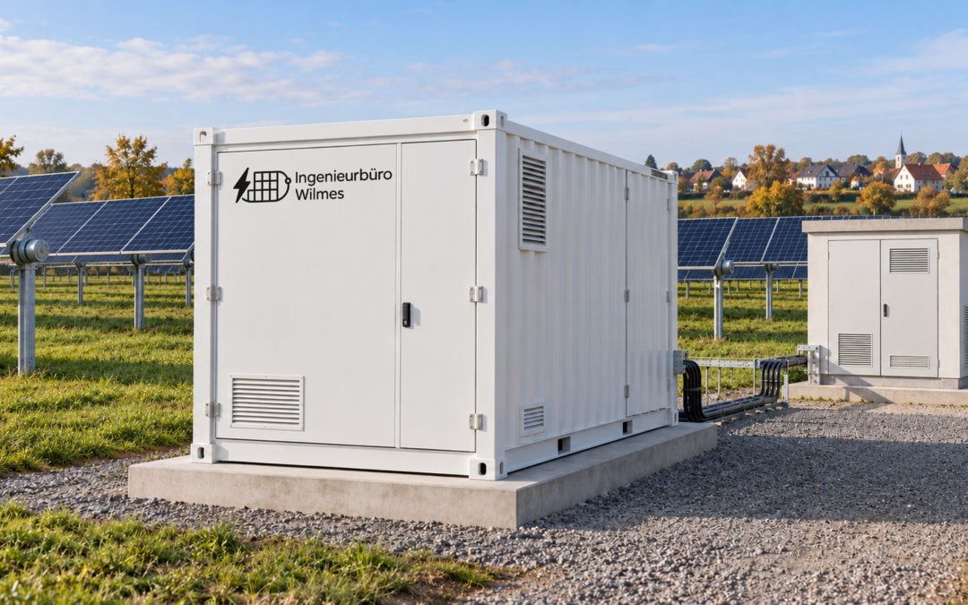 KI-generierte Illustration: weißer Technikcontainer mit Ingenieurbüro-Wilmes-Logo und kleinere Technikstation auf Betonsockeln zwischen PV-Modulreihen; eine Kabeltrasse verbindet die Gehäuse.