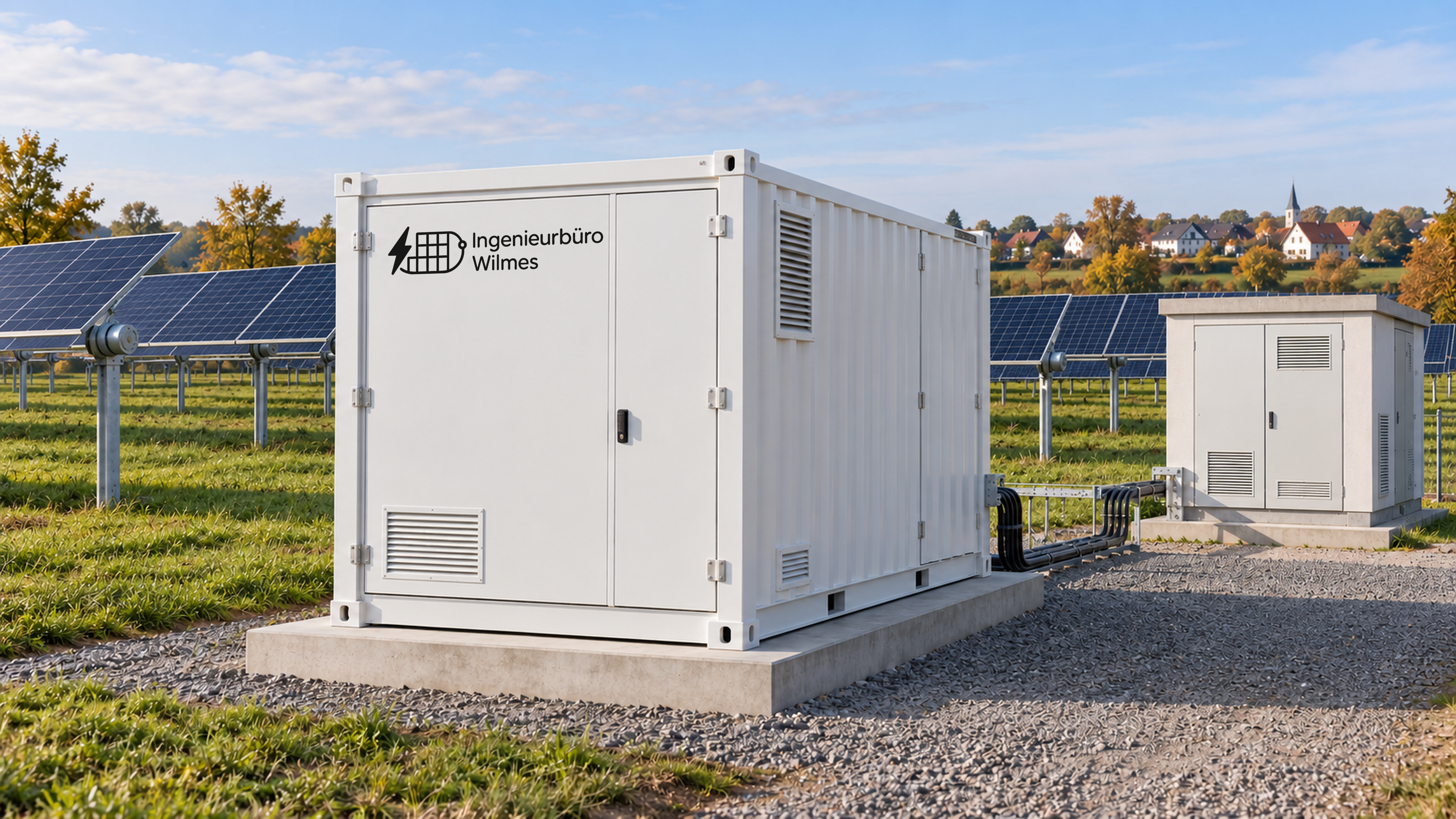 KI-generierte Illustration: weißer Technikcontainer mit Ingenieurbüro-Wilmes-Logo und kleinere Technikstation auf Betonsockeln zwischen PV-Modulreihen; eine Kabeltrasse verbindet die Gehäuse.