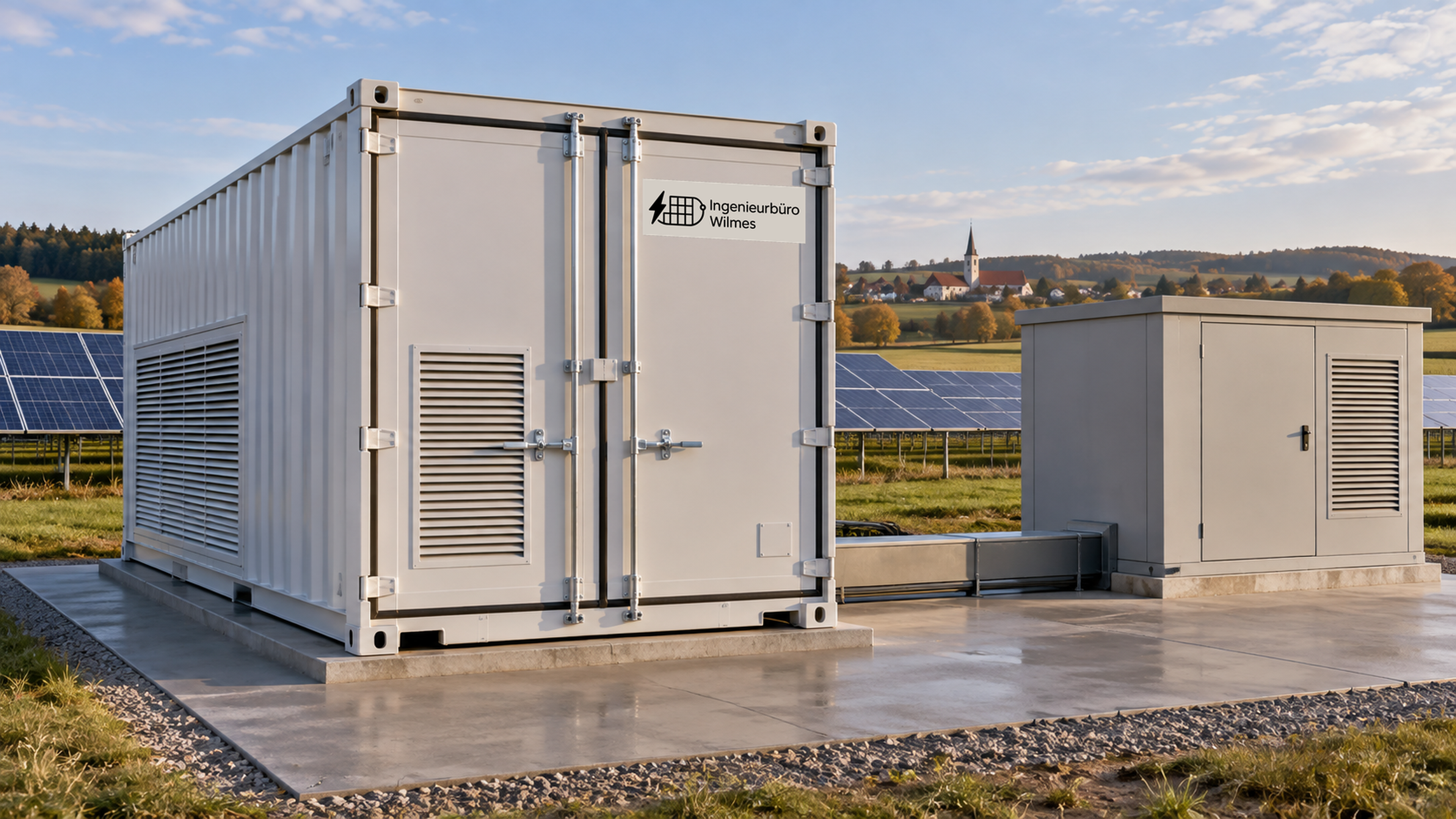 KI-Illustration eines weißen Batteriespeichercontainers mit Wilmes-Logo neben einer grauen Technikstation und einer abgedeckten Kabel- oder Installationsführung; im Hintergrund steht ein Photovoltaikfeld in ländlicher Umgebung.