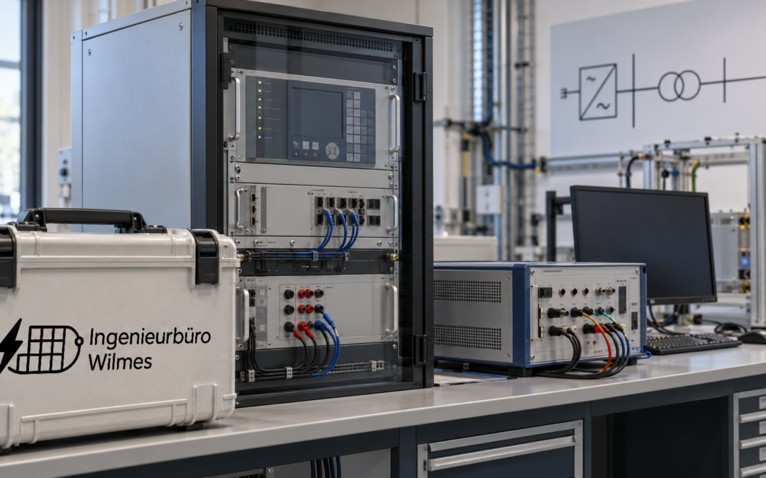 KI-generierte Illustration eines generischen Schutztechnik-Prüflabors: links ein heller Servicekoffer mit Ingenieurbüro-Wilmes-Logo, dahinter ein 19-Zoll-Rack mit Schutz- und Messgeräten, rechts ein Prüfgerät mit angeschlossenen Leitungen und ein dunkler Monitor. Kein reales Projekt und keine dokumentierte Prüfung.