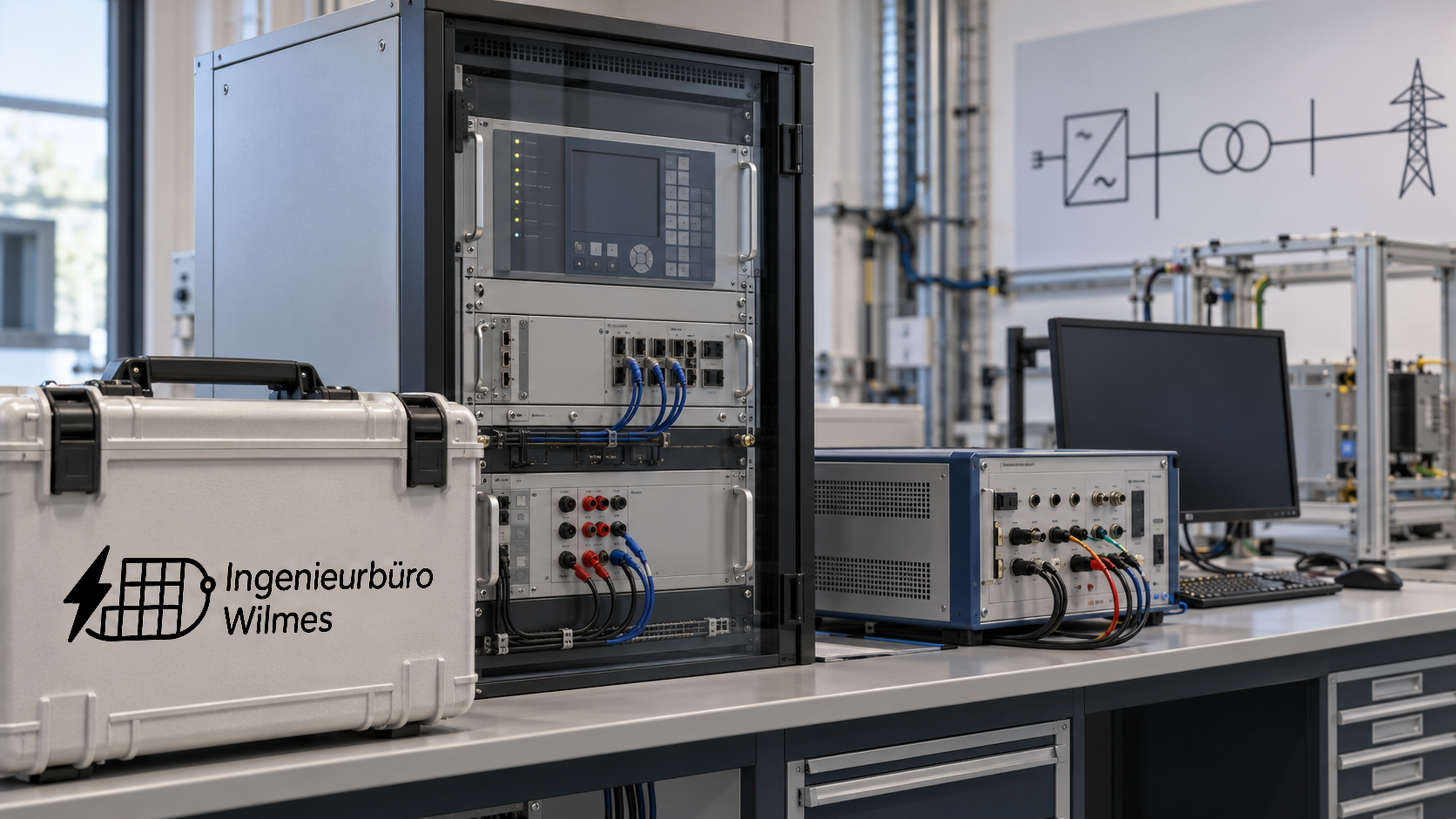 KI-generierte Illustration eines generischen Schutztechnik-Prüflabors: links ein heller Servicekoffer mit Ingenieurbüro-Wilmes-Logo, dahinter ein 19-Zoll-Rack mit Schutz- und Messgeräten, rechts ein Prüfgerät mit angeschlossenen Leitungen und ein dunkler Monitor. Kein reales Projekt und keine dokumentierte Prüfung.