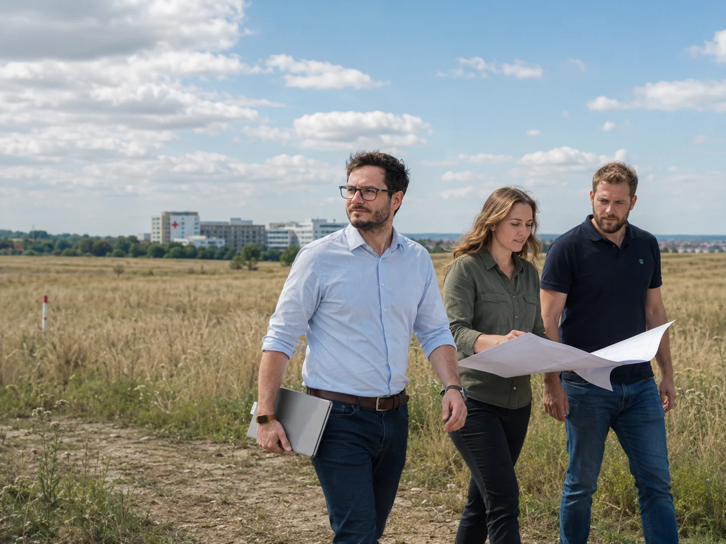 Christopher Wilmes mit zwei Personen und Planunterlagen auf einer Freifläche