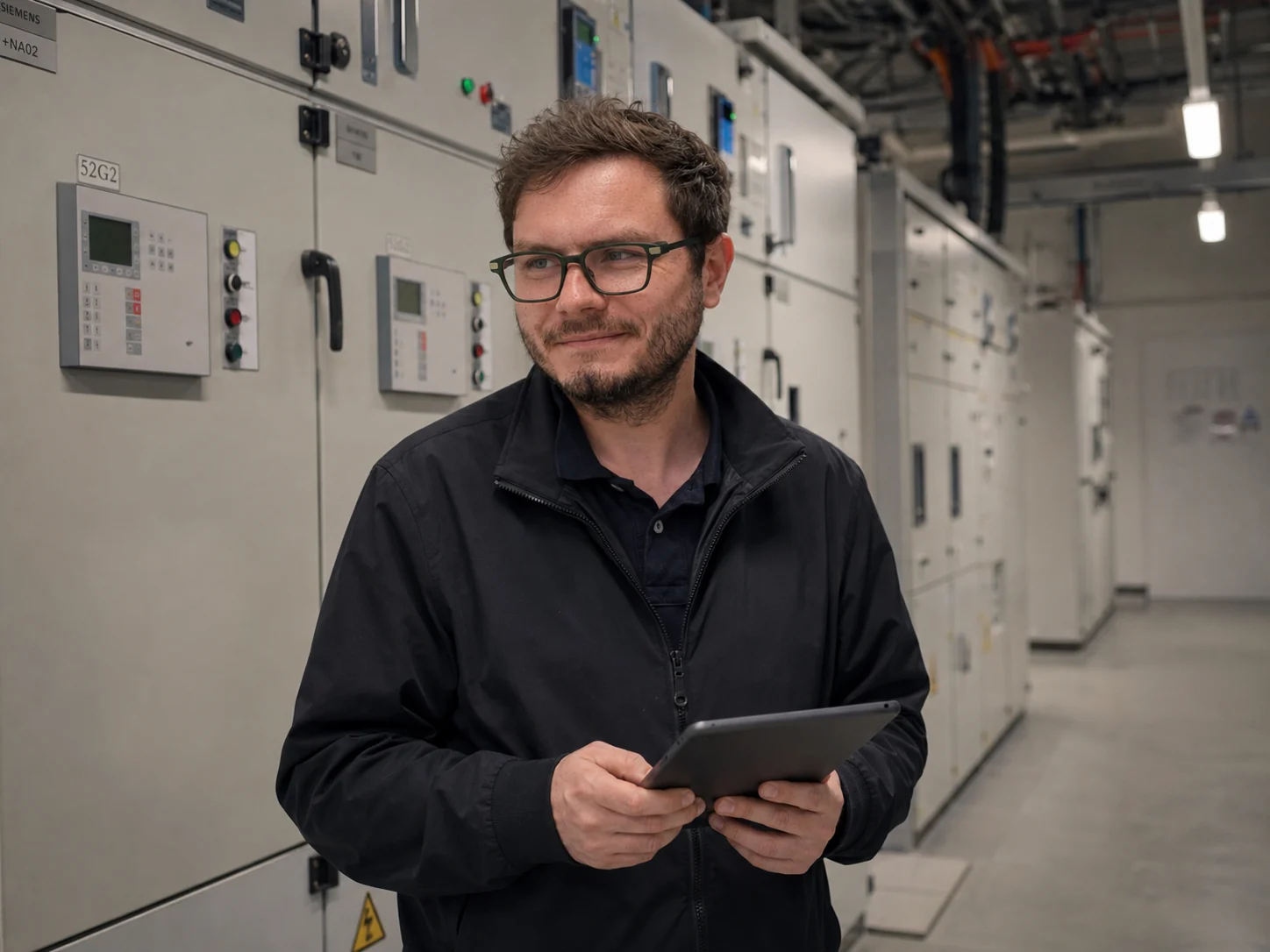 Christopher Wilmes mit Tablet in einem Raum mit elektrischen Schaltanlagen