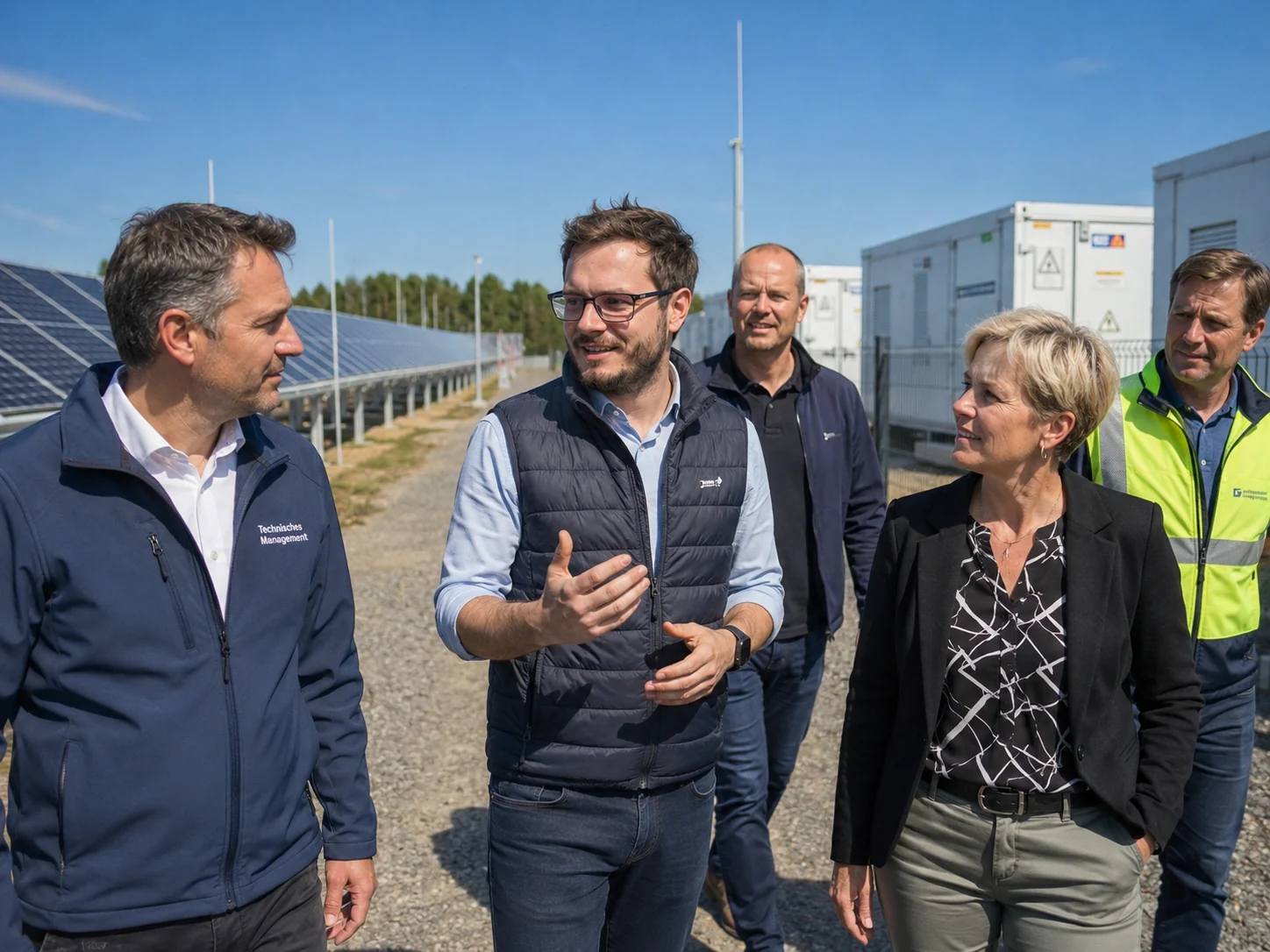 Christopher Wilmes im Gespräch vor Photovoltaikmodulen und Speichercontainern