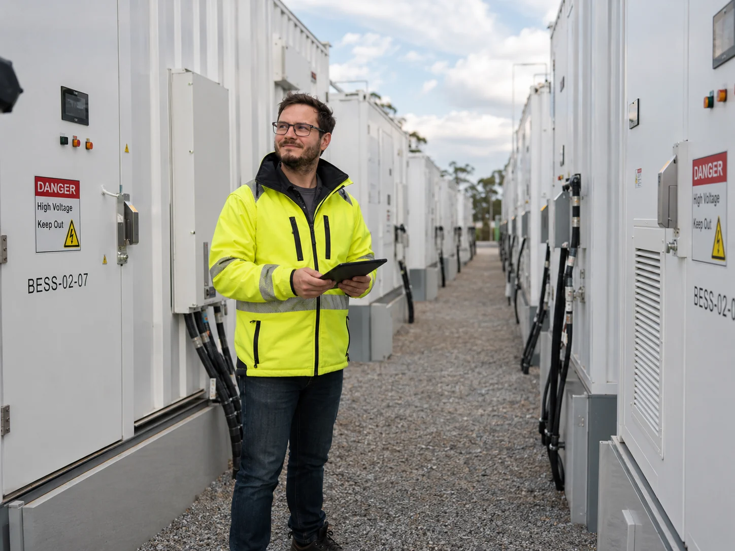 Christopher Wilmes mit Tablet zwischen Batterie-Speichercontainern