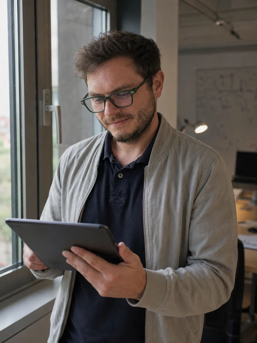 Christopher Wilmes mit Tablet am Fenster