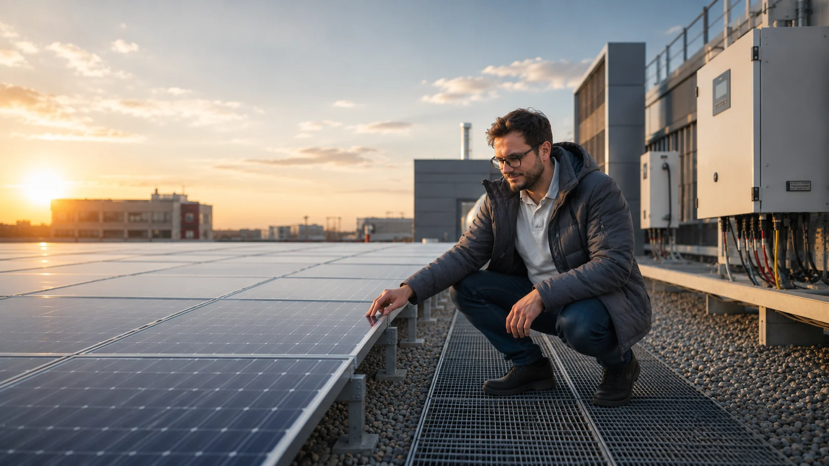 Christopher Wilmes an Photovoltaikmodulen auf einem Flachdach