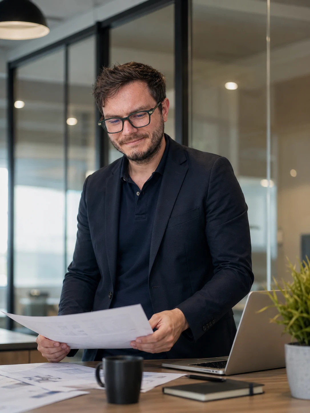 Christopher Wilmes mit Planunterlagen an einem Schreibtisch